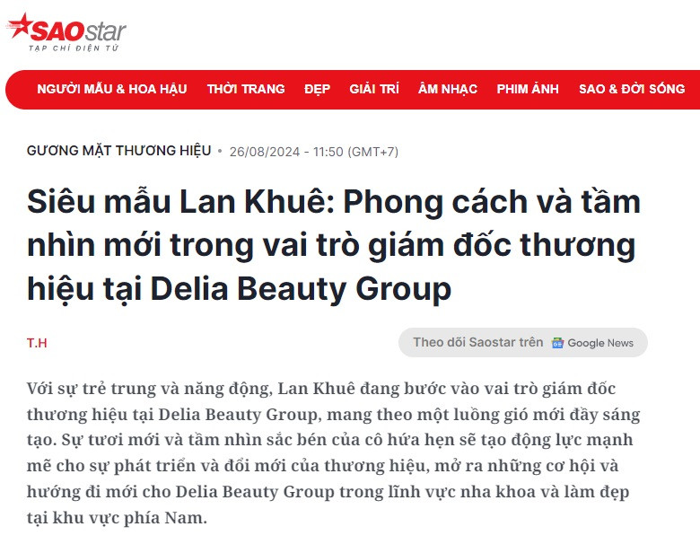 [Tạp chí điện tử Sao Star] – Siêu mẫu Lan Khuê: Phong cách và tầm nhìn mới trong vai trò giám đốc thương hiệu tại Delia Beauty Group