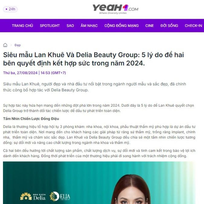 [Báo Yeah1] – Siêu mẫu Lan Khuê Và Delia Beauty Group: 5 lý do để hai bên quyết định kết hợp sức trong năm 2024