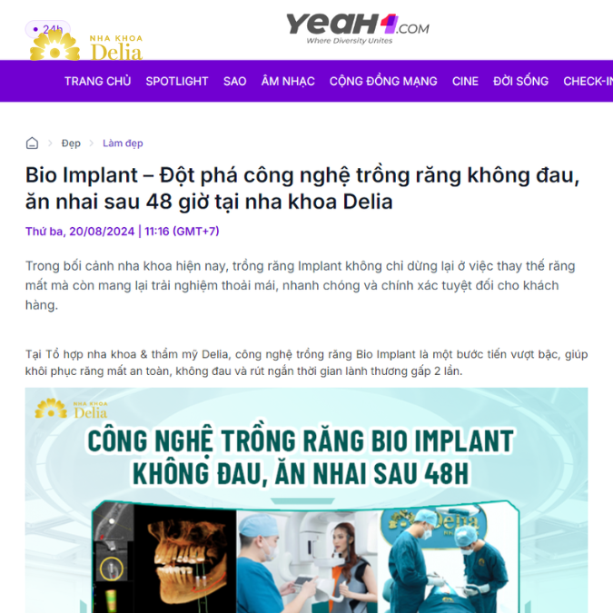 [Báo Yeah 1] Bio Implant – Đột phá công nghệ trồng răng không đau, ăn nhai sau 48 giờ tại nha khoa Delia