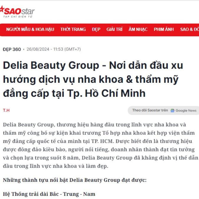 [Tạp chí điện tử Sao Star] – Delia Beauty Group – Nơi dẫn đầu xu hướng dịch vụ nha khoa & thẩm mỹ đẳng cấp tại Tp. Hồ Chí Minh