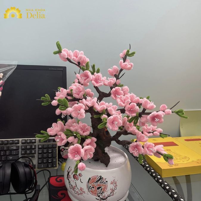 Hoa đào kẽm nhung siêu xinh trưng trên bàn làm việc