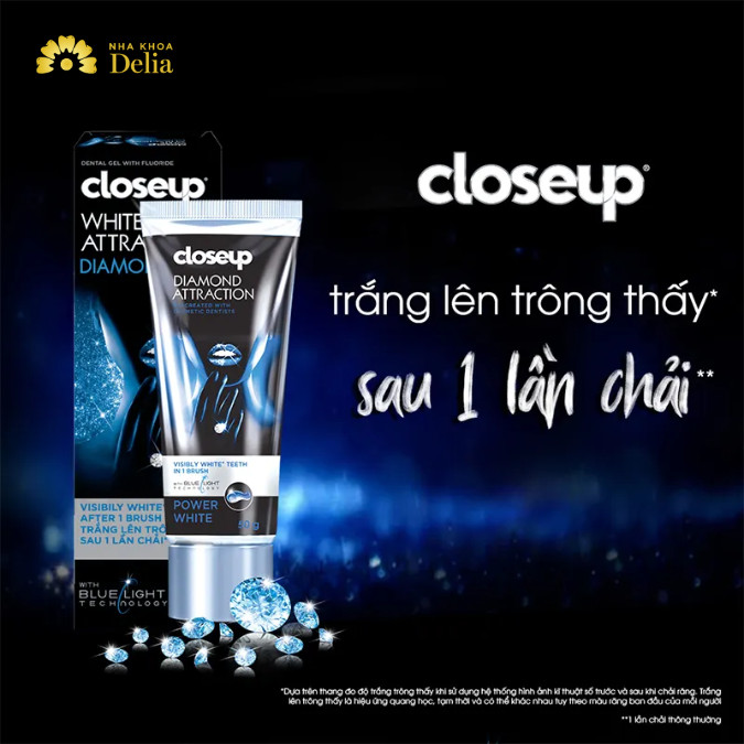 Kem đánh răng Closeup Diamond Attraction không những giảm ê buốt mà còn giúp trắng răng cực nhanh