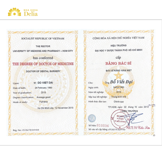 Bác sĩ Đỗ Viết Đại tại nha khoa Delia có bằng đại học chính quy ở trường Đại học Y Dược TP HCM