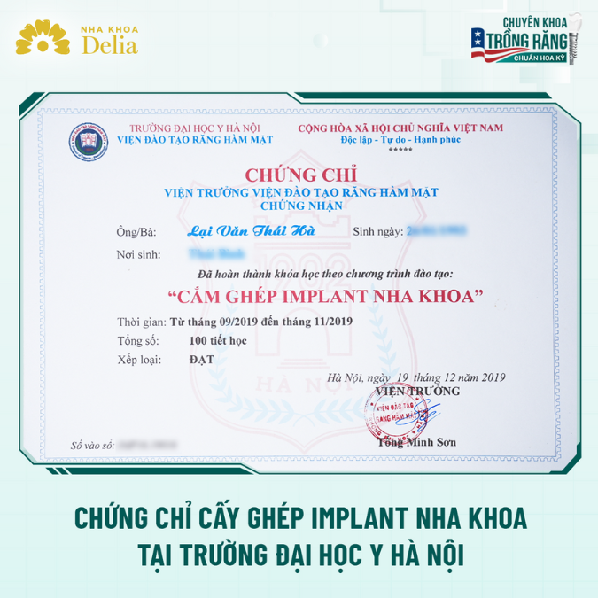 Chứng chỉ cấy ghép Implant nha khoa tại trường Đại học Y Hà Nội của bác sĩ Lại Văn Thái Hà