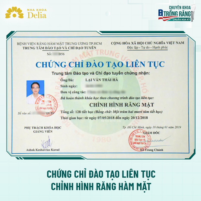 Chứng chỉ đào tạo liên tục chỉnh hình răng hàm mặt của bác sĩ Thái Hà