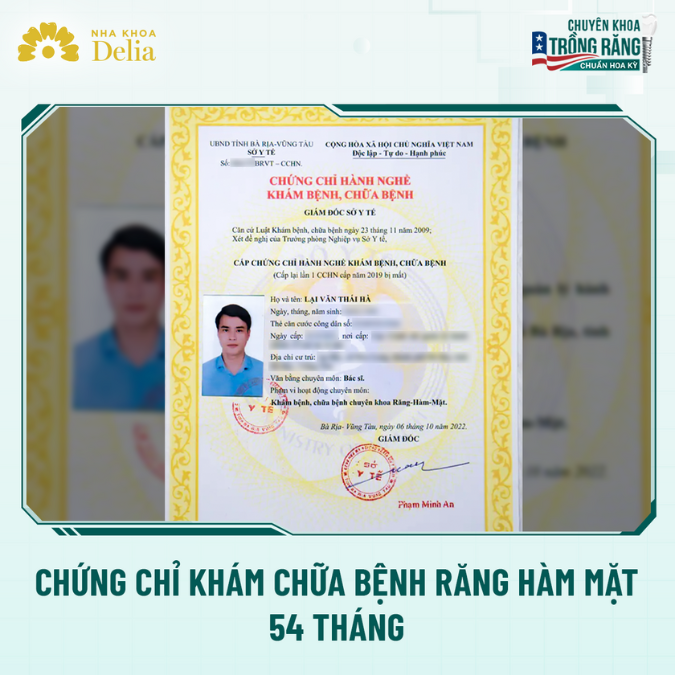 Bác sĩ Thái Hà có đầy đủ các chứng chỉ khám chữa bệnh về răng hàm mặt trong vòng 54 tháng