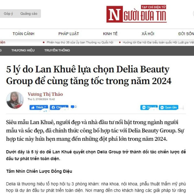 [Tạp chí điện tử Người đưa tin] - 5 lý do Lan Khuê lựa chọn Delia Beauty Group để cùng tăng tốc trong năm 2024